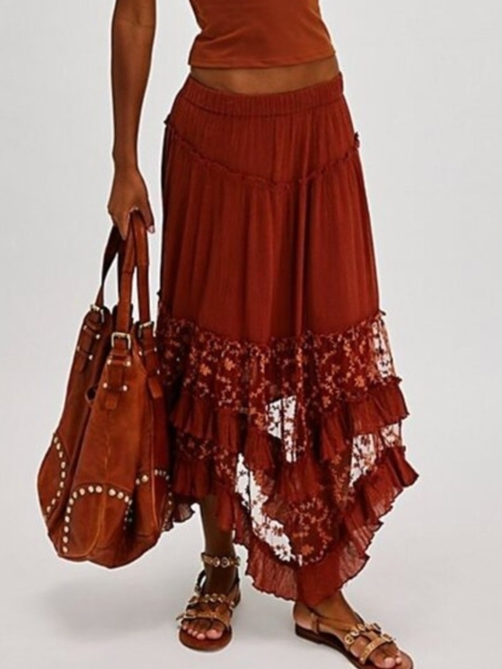 Free People Ashlyn Maxi Skirt M Arabian Spice Embroidered Lace Ruffle